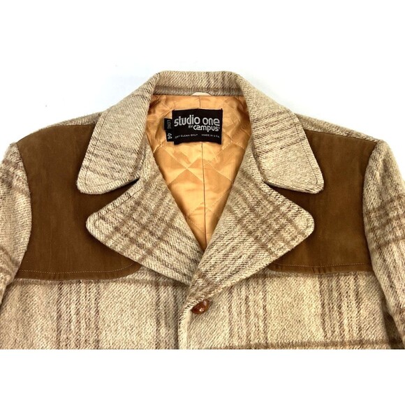VTG Campus Studio One Plaid Flannel Sport Field Jacket Coat Beige Wool 44L Mens - Picture 2 of 7